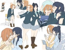  2girls akiyama_mio arm_around_neck black_eyes black_hair blazer blue_ribbon blue_shirt blush cellphone collared_shirt commentary_request crossed_arms cuddling drumsticks grey_skirt grin hair_up head_bump highres holding holding_drumsticks holding_phone jacket k-on! korean_commentary long_hair mandu_center multiple_girls neck_ribbon on_bed one_eye_closed orange_eyes orange_hair phone pleated_skirt ribbon sakuragaoka_high_school_uniform school_uniform shirt short_hair skirt smartphone smile tainaka_ritsu tank_top white_shirt yellow_tank_top yuri 