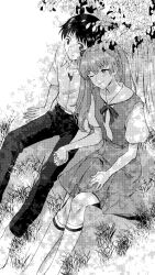  1boy 1girl black_hair black_pants breasts collared_shirt couple dress feet_out_of_frame grass greyscale hair_between_eyes half_updo headgear hetero highres holding_hands ikari_shinji interlocked_fingers light_blush light_smile long_hair medium_breasts monochrome neck_ribbon neon_genesis_evangelion one_eye_closed pants pinafore_dress ribbon school_uniform screentones shirt shirt_under_dress short_hair short_sleeves sitting sleeveless sleeveless_dress socks souryuu_asuka_langley tree twintails under_tree undershirt unihotate0329 white_shirt white_socks 