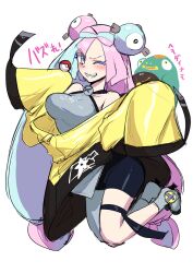  1girl blue_hair bouncing_breasts bow-shaped_hair breasts character_hair_ornament commentary_request criss-cross_halter fake_hair_bun grey_pantyhose hair_ornament halter_shirt halterneck hexagon_print highres ichigain iono_(pokemon) jacket long_hair medium_breasts multicolored_hair one_eye_closed oversized_clothes pantyhose pink_hair pokemon pokemon_sv sharp_teeth single_leg_pantyhose sleeves_past_fingers sleeves_past_wrists smile split-color_hair teeth x_(symbol) yellow_jacket 