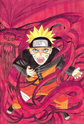  1boy absurdres black_boots black_jacket blonde_hair blue_eyes boots facial_mark fangs forehead_protector highres jacket kishimoto_masashi konohagakure_symbol kurama_(naruto) looking_at_viewer multicolored_jacket naruto_(series) naruto_shippuuden open-toe_boots open_mouth orange_jacket orange_pants pants short_hair teeth two-tone_jacket uzumaki_naruto whisker_markings 
