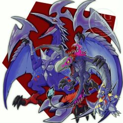  azhdarmon commentary_request digimon digimon_(creature) digimon_beatbreak dinosaur dragon evolutionary_line full_body monodramon red_hair rhamphomon sharp_teeth short_hair teeth vgz083 yellow_eyes 