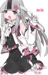  1girl ascot bare_shoulders black_dress black_sleeves blunt_bangs blunt_sidelocks claw_pose clothing_cutout commentary_request cowboy_shot detached_sleeves dress ear_piercing fang fingerless_gloves garter_straps gloves grey_eyes grey_hair hands_up heart_cutout long_hair long_sleeves looking_at_viewer nail_polish nukunuku_nigirimeshi open_clothes open_mouth open_vest original piercing pink_nails short_dress sidelocks simple_background solo vest white_ascot white_background white_gloves white_vest 