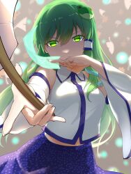  1girl aomurasaki_r between_fingers blue_skirt collared_shirt commentary covered_mouth detached_sleeves facing_viewer frog_hair_ornament gohei green_eyes green_hair grey_background hair_ornament hair_tubes highres holding holding_gohei holding_ofuda kochiya_sanae leaf long_hair maple_leaf nontraditional_miko ofuda serious shirt single_hair_tube skirt snake_hair_ornament solo touhou white_shirt white_sleeves 