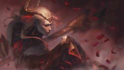  1boy bird crow gradient_hair highres league_of_legends long_hair multicolored_hair pale_skin palson petals red_eyes red_hair rose_petals shield solo tagme weapon_request white_hair zaahen 