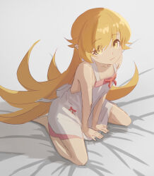  1girl bare_shoulders barefoot bed_sheet blonde_hair bow breasts closed_mouth commentary_request dress flipped_hair from_above full_body highres long_hair looking_at_viewer monogatari_(series) on_bed one-hour_drawing_challenge oretekiya oshino_shinobu pink_bow short_dress sitting sketch small_breasts solo very_long_hair wariza white_dress yellow_eyes 