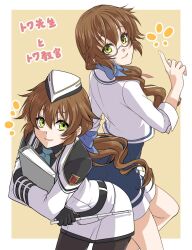  2girls black_gloves black_thighhighs blue_bow blue_necktie border bow brown_hair closed_mouth cowboy_shot cropped_jacket double-parted_bangs eiyuu_densetsu floating_hair garrison_cap glasses gloves green_eyes hair_between_eyes hair_bow hat highres holding holding_pointer index_finger_raised kokonoe_towa leaning_forward long_hair long_sleeves looking_at_viewer multiple_girls necktie pencil_skirt pointer runrui_kaku sen_no_kiseki_(series) sen_no_kiseki_iii skirt smile thigh-highs tokyo_xanadu towa_herschel two-tone_background upper_body white_border yellow_background 