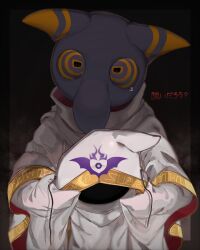  1boy cloak commentary_request gold_trim highres hood hyness kirby_(series) kirby_star_allies large_nose long_sleeves mouth_veil partial_commentary robe sleeves_past_fingers sleeves_past_wrists veil white_hood white_robe yellow_eyes ypsw7328_(zakobennki) 