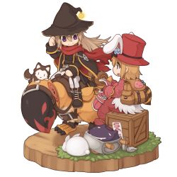  2girls animal animal_ear_headwear animal_ears backpack bag belt belt_buckle black_boots black_hat black_jacket black_shirt boots brown_bag brown_belt brown_hair buckle closed_mouth crate creature deformed deviruchi diorama dog fake_animal_ears gloves hand_up hat jacket long_hair long_sleeves looking_at_another merchant_(ragnarok_online) mittens multiple_girls official_artist_extra open_clothes open_jacket open_mouth pants peco_peco pink_bag pink_jacket poring rabbit rabbit_ears ragnarok_online rebellion_(ragnarok_online) red_gloves red_hat red_pants red_scarf red_shoes riding riding_animal scarf shirt shoes short_hair sitting sleeves_past_wrists smile top_hat torn_clothes torn_scarf transparent_background white_pants witch_hat yuichirou 