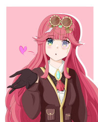 1girl absurdres aivy_lovencraft blush deimoz99 fanart goggles goggles_on_head green_eyes highres indie_virtual_youtuber kiss long_hair monocle pink_hair simple_background solo virtual_youtuber vtuber vtuberfanart