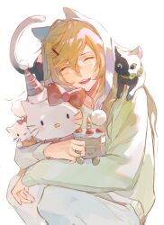  1boy animal_hood blonde_hair cat cat_hood closed_eyes collar_x_malice commentary_request hair_ornament hairclip hello_kitty highres hood hoodie long_hair long_sleeves male_focus pants sanrio shiraishi_kageyuki simple_background smile stuffed_animal stuffed_toy sweater white_background white_pants ziyuan_zuan 