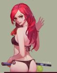  artist_name artist_request ass back ball bikini black_bikini breasts green_eyes highres jewelry katarina_du_couteau league_of_legends lips lipstick long_hair looking_at_viewer looking_back makeup racket red_lipstick redhead ring scar scar_across_eye side-tie_bikini smile swimsuit sword tennis_ball tennis_racket weapon 