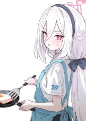  1girl absurdres apron black_bow black_hairband blue_archive blush bow commentary_request cooking egg_(food) food fried_egg frying_pan hair_between_eyes hair_bow hairband halo highres holding holding_frying_pan holding_spatula kei_(blue_archive) kei_(new_body)_(blue_archive) long_hair long_hair_between_eyes looking_at_viewer open_mouth pink_halo rectangular_halo red_eyes ringed_eyes shirt short_sleeves simple_background solo spatula very_long_hair white_background white_hair white_shirt yucblossom 