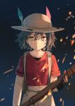  &gt;:) 1girl backpack bag black_gloves black_hair brown_eyes bucket_hat collarbone eyebrows_visible_through_hair fire gloves hair_between_eyes hat hat_feather huanxiang_heitu kaban kemono_friends looking_at_viewer night outdoors red_shirt shirt short_hair short_sleeves shorts sky smile solo spoilers torch tsurime upper_body white_hat white_shorts 