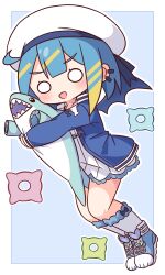  1girl :d absurdres blonde_streaks blue_hair blue_jacket blue_shoes blue_wings blunt_bangs blush border commentary_request double-parted_bangs dress duel_monster full_body grey_socks hana_kazari hat highres holding holding_stuffed_toy jacket kneehighs lil-la_(yu-gi-oh!) live_twin_lil-la long_sleeves looking_at_viewer multicolored_hair o_o open_clothes open_jacket open_mouth outline outside_border shoes short_dress short_hair simple_background smile socks solo streaked_hair stuffed_animal stuffed_shark stuffed_toy white_border white_dress white_hat white_outline wings yu-gi-oh! 