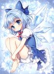  blue_eyes blue_hair blush cirno dress fairy ribbon short_hair touhou wings 