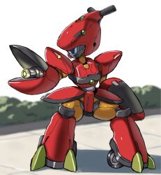  1boy arm_cannon armor blurry blurry_background character_request full_body helmet highres humanoid_robot male_focus medarot mota_saru red_armor red_helmet robot solo standing weapon white_background 