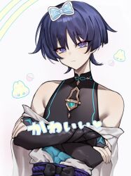  1boy armpit_crease bare_shoulders belt black_belt black_bodysuit black_bow black_bridal_gauntlets blue_bow blue_kimono blunt_ends body_markings bodysuit bow bridal_gauntlets bright_pupils choppy_bangs closed_mouth covered_collarbone eyeliner furisode genshin_impact glowing_markings gold_ring hair_bow hand_on_own_arm highres jacket japanese_clothes juban kimono looking_at_viewer makeup male_focus mandarin_collar middle_ring moo_(moo_8986) off_shoulder open_clothes open_jacket pink_background purple_hair purple_rope purple_sash rabbit red_eyeliner rope sash scaramouche_(genshin_impact) solo tsurime upper_body variant_set violet_eyes wanderer_(genshin_impact) white_kimono white_pupils 