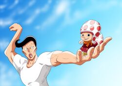  2boys black_hair flapper_(one_piece) hat highres holding holding_mini_person long_nose male_focus mini_person multiple_boys one_piece shirt smile sssssuama t-shirt v-shaped_eyebrows white_shirt 