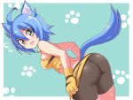  1girl animal_ears ass bare_shoulders bike_shorts blue_eyes blue_hair blue_tail blush breasts commission cougar_(cougar1404) gloves looking_at_viewer majin_shoujo open_mouth papelne short_hair skeb_commission smile solo standing tail 