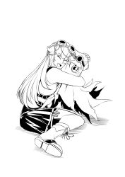 1girl absurdres aivy_lovencraft boots closed_eyes craftito fanart goggles goggles_on_head greyscale highres hug indie_virtual_youtuber long_hair monochrome one_eye_closed open_mouth otelopen smile spanish_commentary virtual_youtuber vtuber vtuberfanart white_background