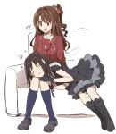  2girls :d akni bare_shoulders black_dress black_gloves black_gothic_dress_(idolmaster) blazer blush boots bow bowtie brown_eyes brown_hair commentary commentary_request couch dress flower frilled_dress frills gloves hair_bow half_updo idolmaster idolmaster_cinderella_girls idolmaster_cinderella_girls_starlight_stage jacket kneehighs korean lap_pillow long_hair love_letter_(idolmaster) multiple_girls one_side_up open_mouth plaid_bowtie school_uniform shibuya_rin shimamura_uzuki shoes side_ponytail simple_background sitting skirt sleeping smile sweatdrop translation_request white_background 