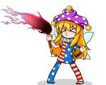  &gt;3&lt; 1girl alcohol american_flag_dress american_flag_legwear blonde_hair bottle breathing_fire chibi clownpiece fairy_wings fire hat jester_cap katsumi5o long_hair neck_ruff pantyhose pink_fire purple_fire simple_background solo torch touhou white_background wings 