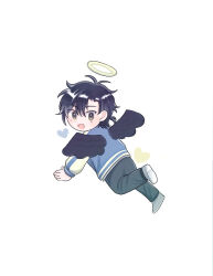  1boy :d angel angel_wings antenna_hair black_hair black_pants black_socks black_wings blue_jacket blush brown_eyes cheng_xiaoshi chibi chibi_only feathered_wings flying from_behind full_body grey_shoes halo heart highres jacket long_sleeves looking_at_viewer looking_back male_focus messy_hair mini_wings multicolored_jacket open_mouth pants ponytail sakainemutai shiguang_dailiren shirt shoes short_hair short_ponytail simple_background smile socks solo traditional_halo white_background wings 