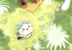  absurdres blush camera chiikawa commentary_request dandelion_seed digital_camera fangs from_above grass hachiware_(chiikawa) head_wreath highres hoishere7 instrument korean_commentary no_humans open_mouth outdoors picnic_basket socks solo ukulele white_socks 