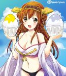  1girl adapted_costume amripo bikini bowl breasts brown_eyes brown_hair cleavage clouds detached_sleeves double_bun hairband headgear kantai_collection kongou_(kantai_collection) large_breasts long_hair navel rice shaved_ice signature solo swimsuit twitter_username upper_body wide_sleeves 