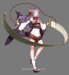 1girl animal_ears bow company_name curly_hair fox_ears fox_tail full_body grey_background gyakushuu_no_fantasica hair_ornament japanese_clothes long_hair millgua official_art open_mouth purple_hair sandals scroll simple_background solo tail yellow_eyes 