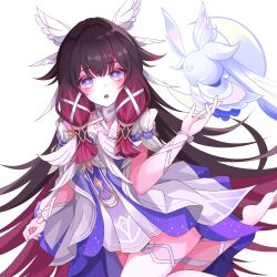  1girl barefoot black_hair blunt_sidelocks columbina_(genshin_impact) commentary crescent dress genshin_impact head_wings highres korean_commentary long_hair long_sidelocks looking_at_viewer luonnotar_(genshin_impact) multicolored_hair naughty_(pixiv_82037990) off-shoulder_dress off_shoulder open_mouth purple_hair ribbon sidelocks violet_eyes white_background white_dress white_ribbon wings 