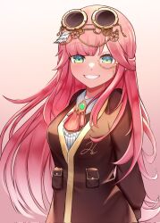1girl aivy_lovencraft arms_behind_back fanart goggles goggles_on_head green_eyes highres indie_virtual_youtuber light_key long_hair monocle pink_hair simple_background smile virtual_youtuber vtuber vtuberfanart