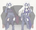  1girl armor armored_boots bangs beige_background black_legwear blonde_hair boots breasts capelet chains cleavage cloak closed_mouth couch eye_contact eyebrows_visible_through_hair fate/apocrypha fate/grand_order fate_(series) fur_trim grey_hair hand_on_own_cheek headpiece jeanne_alter legs_crossed long_hair looking_at_another medium_breasts mobu on_couch ruler_(fate/apocrypha) simple_background sitting solo symmetry thigh-highs yellow_eyes 