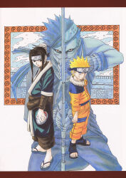  3boys absurdres androgynous blonde_hair blue_eyes forehead_protector haku_(naruto) highres holding holding_sword holding_weapon jacket japanese_clothes kirigakure_symbol kishimoto_masashi konohagakure_symbol looking_at_viewer momochi_zabuza multiple_boys naruto_(classic) naruto_(series) official_art open-toe_boots orange_jacket orange_pants pants red_eyes sandals short_hair sword uzumaki_naruto weapon 