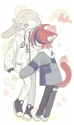  2boys ahoge animal_ear_fluff animal_ears aotsuki_eito black_gloves cat_boy cat_ears cat_tail closed_eyes commentary_request fate/extra fate_(series) full_body glasses gloves grey_hair grey_jacket high_collar highres hood hood_down hug jacket kemonomimi_mode male_focus multiple_boys pants rabbit_boy rabbit_ears red_hair short_hair simple_background sumino_takumi tail the_hundred_line_-last_defense_academy- uu_22233 white_background 