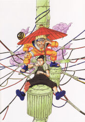  2boys absurdres black_hair blonde_hair blue_boots boots brown_shorts fishnet_top fishnets forehead_protector green_shirt highres jacket kishimoto_masashi konohagakure_symbol looking_at_viewer multiple_boys nara_shikamaru naruto_(classic) naruto_(series) official_art oil-paper_umbrella one_eye_closed open-toe_boots open_clothes open_mouth open_shirt orange_jacket orange_pants pants red_umbrella shirt short_sleeves shorts simple_background sitting standing teeth umbrella uzumaki_naruto white_background 