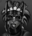  1girl artist_name barbell_piercing feathers ferra grey_background highres jassycoco mask monochrome mortal_kombat mortal_kombat_x piercing portrait simple_background solo tongue tongue_out tongue_piercing 