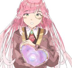 1ce_su7n 1girl aivy_lovencraft blush commentary fanart green_eyes indie_virtual_youtuber long_hair monocle pink_hair smile solo virtual_youtuber vtuber vtuberfanart white_background