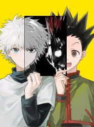  2boys black_hair commentary_request flak_jacket gon_freecss highres hunter_x_hunter jacket killua_zoldyck long_sleeves male_focus multiple_boys sevenlistening short_hair smile spiky_hair split_theme transformation undershirt white_hair yellow_background 