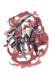  2boys armor avataro_sentai_donbrothers black_bodysuit bodysuit crossover donmomotarou hakael1998 hand_fan helmet highres holding holding_fan kamen_rider kamen_rider_den-o kamen_rider_den-o_(series) kamen_rider_den-o_(sword_form) male_focus multiple_boys red_armor red_eyes red_helmet simple_background super_sentai tokusatsu trait_connection white_background 