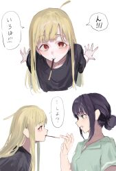  2girls ahoge black_shirt blonde_hair cho_kaguya-hime! commentary food food_in_mouth green_shirt hair_bun highres kaguya_(cho_kaguya-hime!) long_hair long_sidelocks mouth_hold multiple_girls pocky pocky_in_mouth sakayori_iroha shirt short_hair short_sleeves sidelocks single_hair_bun speech_bubble t-shirt translation_request xue_lian_wa_noel yuri 