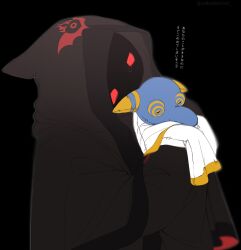  1boy ? ?? blue_skin cloak colored_skin commentary_request corrupt_hyness crazy crazy_eyes dual_persona emoji highres hyness kirby_(series) kirby_star_allies large_nose long_nose long_sleeves partial_commentary robe translation_request white_cloak yellow_eyes ypsw7328_(zakobennki) 