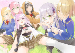  absurdres aikawa_megumi asakura_karen_(heaven_burns_red) black_hair blonde_hair blue_eyes braid brown_hair commentary_request glasses grass green_eyes grey_hair hair_over_one_eye hat heaven_burns_red highres holding holding_unworn_clothes holding_unworn_hat hood hoodie izumi_yuki_(heaven_burns_red) kayamori_ruka kunimi_tama long_hair looking_at_viewer low_twintails lying_on_person narby_(heaven_burns_red) on_ground pink_background pink_hair pn_yaguchi_ri2 red_eyes school_uniform short_hair sleeping sleeping_on_person toujou_tsukasa twintails unworn_hat unworn_headwear 