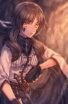  1girl black_gloves bow brown_eyes brown_hair facial_mark gloves hair_bow knee_up knife long_hair looking_at_viewer mightyena moe_(hamhamham) personification pokemon sheath sheathed sitting solo wide_sleeves 