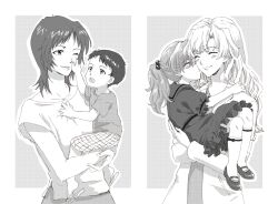  1boy 3girls border bow_legwear breasts child closed_eyes closed_mouth dress frilled_dress frills grey_background greyscale hair_between_eyes hair_bobbles hair_ornament hand_on_another's_cheek hand_on_another's_face hashtag-only_commentary highres ikari_shinji ikari_yui jacket kiss kissing_cheek long_hair medium_breasts medium_hair monochrome mother_and_daughter mother_and_son multiple_girls neon_genesis_evangelion one_eye_closed open_mouth parted_bangs parted_lips plaid_clothes plaid_shorts ponytail puffy_short_sleeves puffy_sleeves sailor_collar sandals screentones shirt shoes short_hair short_sleeves shorts smile socks souryuu_asuka_langley souryuu_kyouko_zeppelin unihotate0329 upper_body white_border white_jacket white_shirt white_socks 