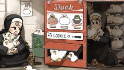  3girls bird black_shoes blonde_hair blue_eyes box brown_eyes brown_hair cardboard_box chicken chocolate_chip_cookie clumsy_nun_(diva) commentary cookie diva_(hyxpk) duck english_commentary eyewear_on_head food frog_headband froggy_nun_(diva) heart heart-shaped_eyewear highres little_nuns_(diva) multiple_girls nun pink-tinted_eyewear poster_(object) recycle_bin shoes spicy_nun_(diva) tinted_eyewear traditional_nun trash_can triangle_mouth vending_machine 