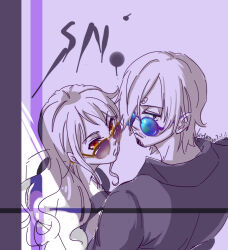  1boy 1girl blue-tinted_eyewear commentary_request curly_eyebrows facial_hair goatee hair_over_one_eye listen84571772 long_hair looking_back mustache nami_(one_piece) one_piece orange-tinted_eyewear orange_eyes sanji_(one_piece) short_hair spot_color sunglasses tinted_eyewear 