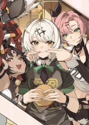 anby_demara animal_ears burger cat_ears hamburger long_hair multiple_girls nekomiya_mana nicole_demara short_hair zenless_zone_zero