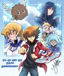  1girl 5boys anniversary black_coat black_shirt blonde_hair blue_jacket blush breasts brown_hair coat cowboy_shot cronos_de_medici duel_academy_uniform_(yu-gi-oh!_gx) duel_disk duel_monster earrings jacket jewelry marufuji_ryo marufuji_sho mel-chan misawa_daichi multiple_boys red_jacket shirt signature solo_focus tenjouin_asuka winged_kuriboh yu-gi-oh! yu-gi-oh!_gx yuki_judai 