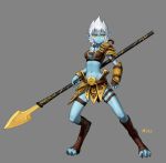  1girl absurdres armor artist_name black_sclera blue_skin boots bracer claws defense_of_the_ancients digitigrade dota_2 full_body grey_background highres lance leather leather_boots mcrc_science monster_girl phantom_lancer pointy_ears polearm shoulder_pads weapon white_hair yellow_eyes 